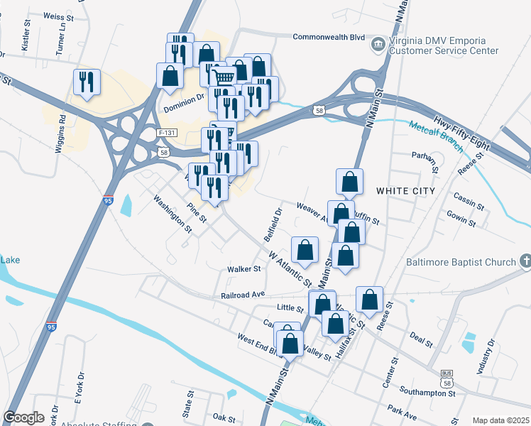 map of restaurants, bars, coffee shops, grocery stores, and more near 511 Belfield Drive in Emporia
