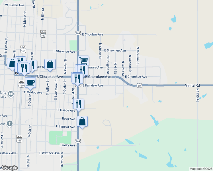 map of restaurants, bars, coffee shops, grocery stores, and more near 208 Hill Street in Nowata
