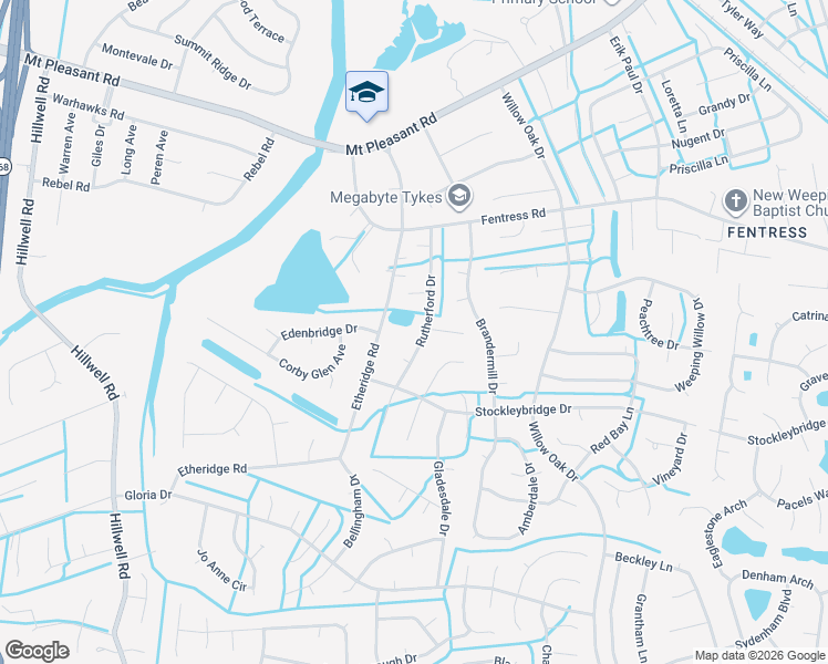 map of restaurants, bars, coffee shops, grocery stores, and more near 648 Rutherford Drive in Chesapeake
