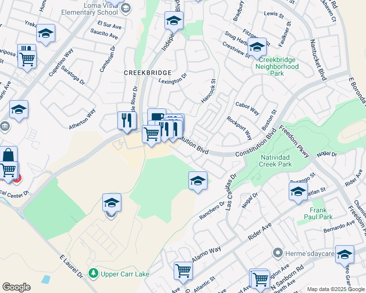 map of restaurants, bars, coffee shops, grocery stores, and more near 6 Twin Creeks Circle in Salinas