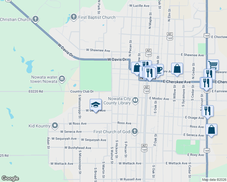 map of restaurants, bars, coffee shops, grocery stores, and more near 143 South Walnut Street in Nowata