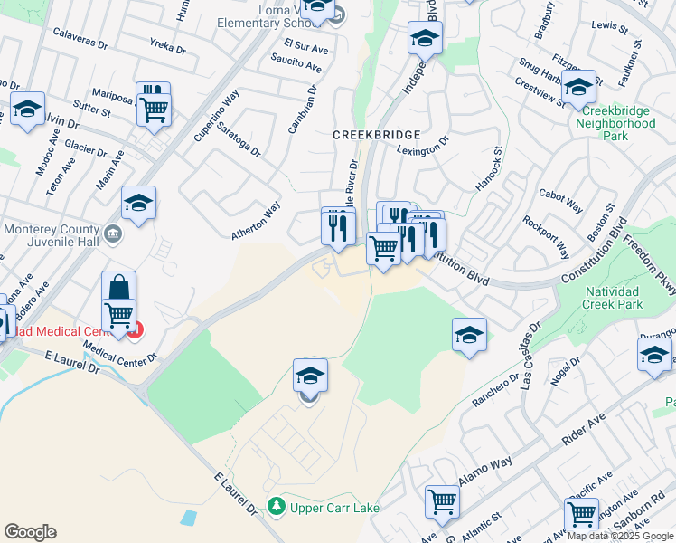 map of restaurants, bars, coffee shops, grocery stores, and more near 98 Manchester Circle in Salinas