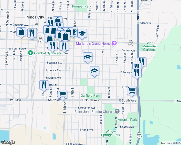 map of restaurants, bars, coffee shops, grocery stores, and more near 710 East Ponca Avenue in Ponca City