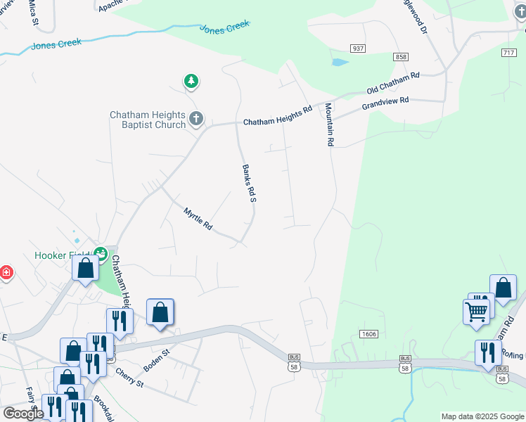 map of restaurants, bars, coffee shops, grocery stores, and more near 927-999 Banks Road in Martinsville