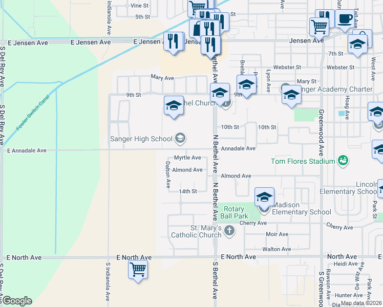 map of restaurants, bars, coffee shops, grocery stores, and more near 2776 Myrtle Avenue in Sanger