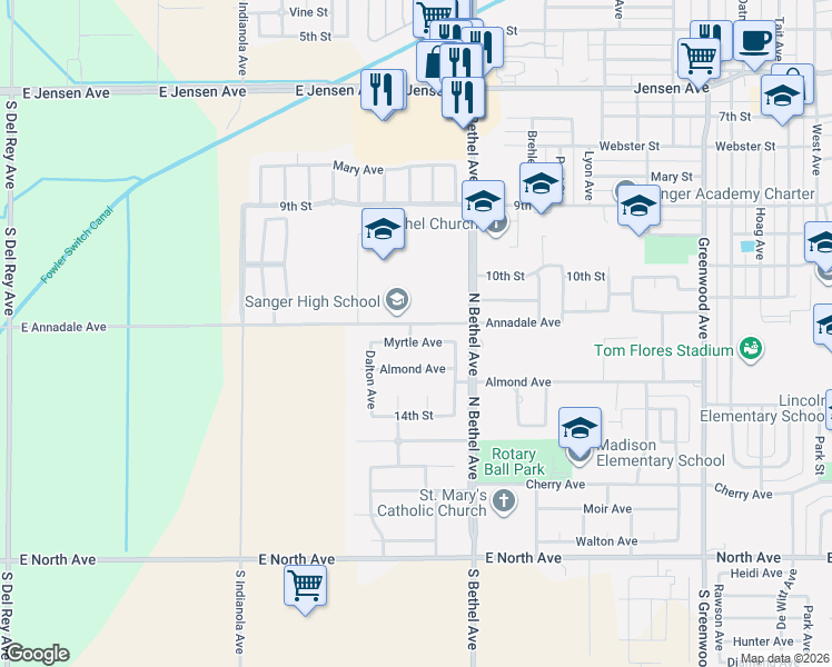 map of restaurants, bars, coffee shops, grocery stores, and more near 2776 Myrtle Avenue in Sanger