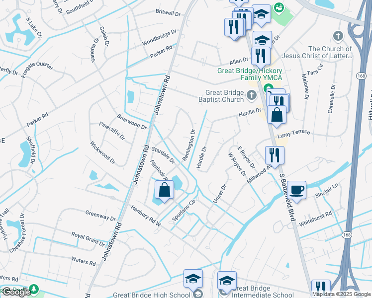 map of restaurants, bars, coffee shops, grocery stores, and more near 745 Remington Drive in Chesapeake