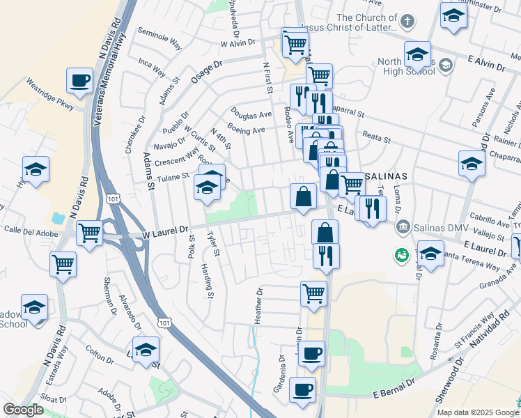 map of restaurants, bars, coffee shops, grocery stores, and more near 314 West Laurel Drive in Salinas