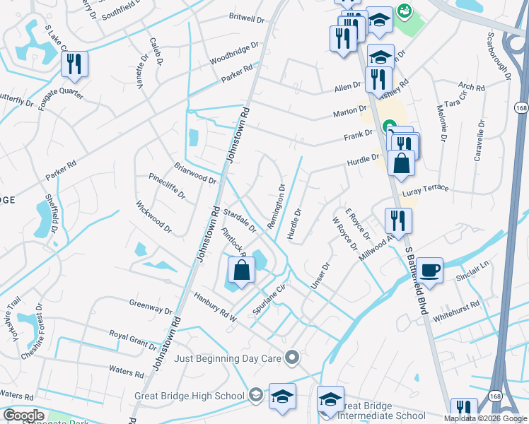 map of restaurants, bars, coffee shops, grocery stores, and more near 300 Franconia Drive in Chesapeake