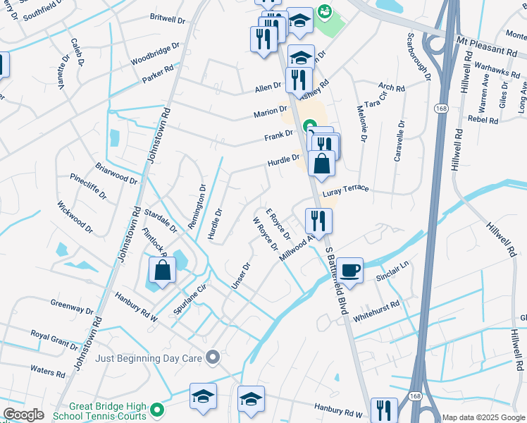map of restaurants, bars, coffee shops, grocery stores, and more near 119 East Royce Drive in Chesapeake
