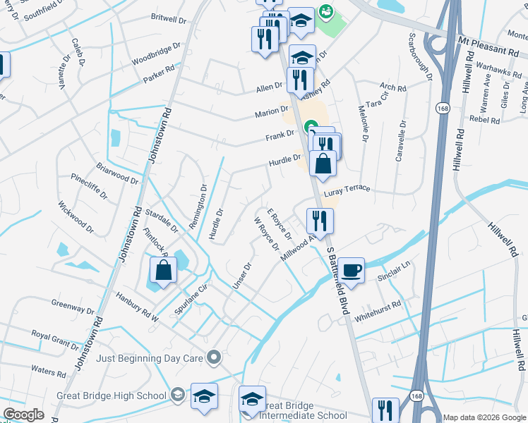 map of restaurants, bars, coffee shops, grocery stores, and more near 119 East Royce Drive in Chesapeake