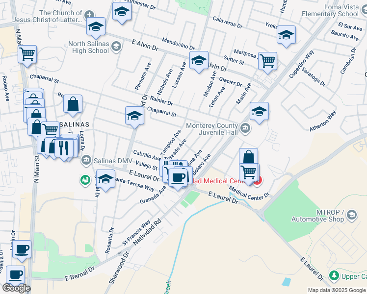 map of restaurants, bars, coffee shops, grocery stores, and more near 1260 Trazado Avenue in Salinas