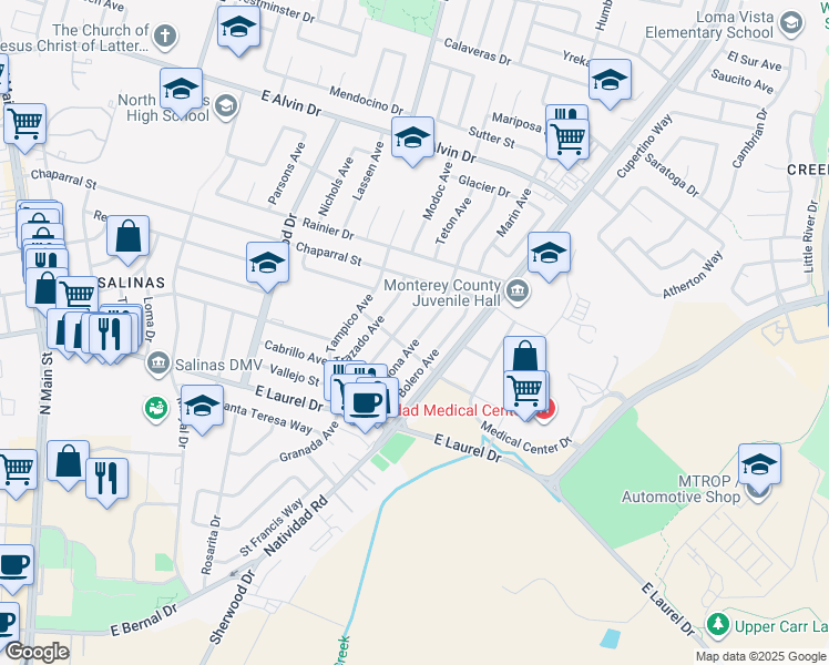 map of restaurants, bars, coffee shops, grocery stores, and more near 1313 Ramona Avenue in Salinas