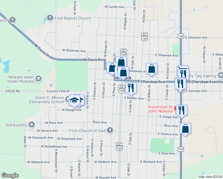 map of restaurants, bars, coffee shops, grocery stores, and more near 132 South Pine Street in Nowata