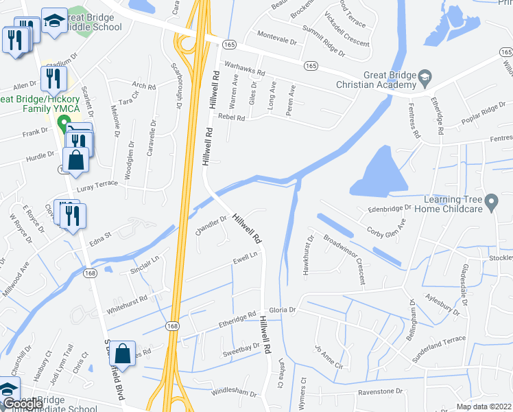map of restaurants, bars, coffee shops, grocery stores, and more near 510 Youngstown Court in Chesapeake