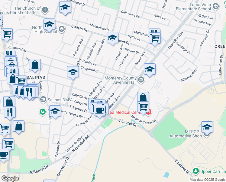 map of restaurants, bars, coffee shops, grocery stores, and more near 1313 Ramona Avenue in Salinas