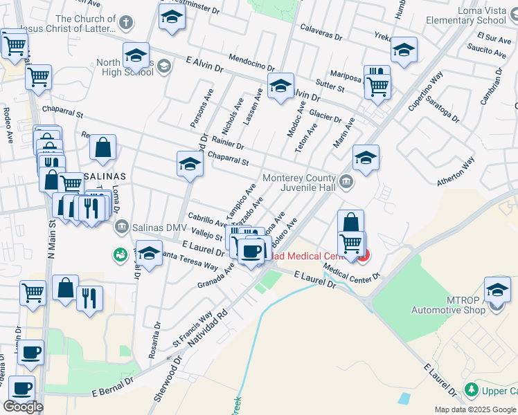 map of restaurants, bars, coffee shops, grocery stores, and more near 1260 Trazado Avenue in Salinas