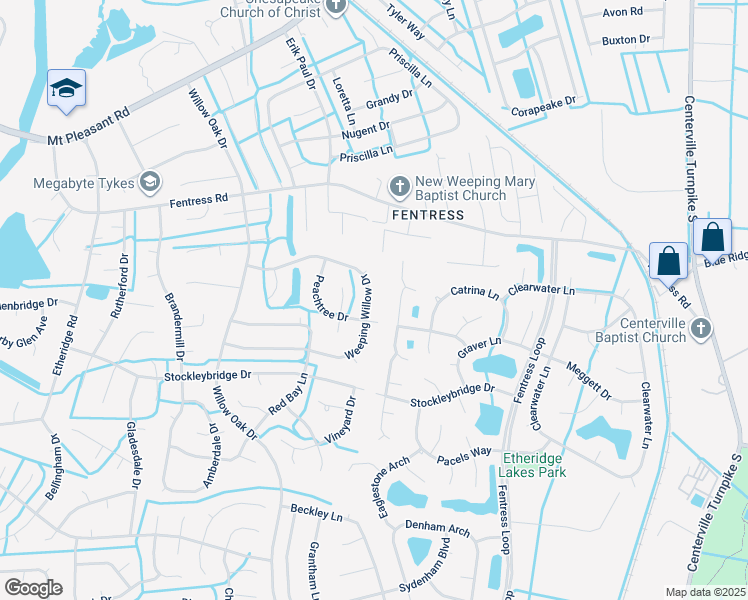 map of restaurants, bars, coffee shops, grocery stores, and more near 944 Weeping Willow Drive in Chesapeake