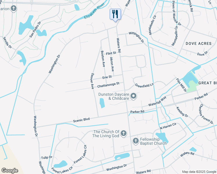 map of restaurants, bars, coffee shops, grocery stores, and more near 942 Chattanooga Street in Chesapeake