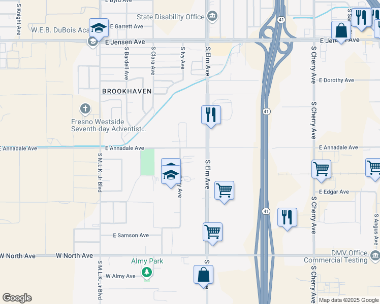 map of restaurants, bars, coffee shops, grocery stores, and more near 2810 South Elm Avenue in Fresno