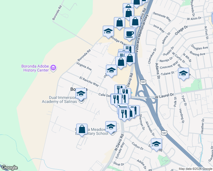 map of restaurants, bars, coffee shops, grocery stores, and more near 17145 El Rancho Way in Salinas