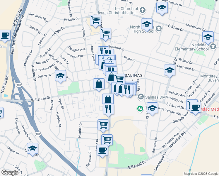map of restaurants, bars, coffee shops, grocery stores, and more near N Main St & W Laurel Dr in Salinas