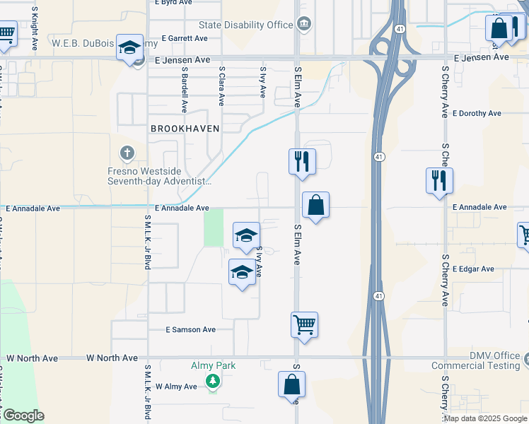 map of restaurants, bars, coffee shops, grocery stores, and more near 1510 East Annadale Avenue in Fresno