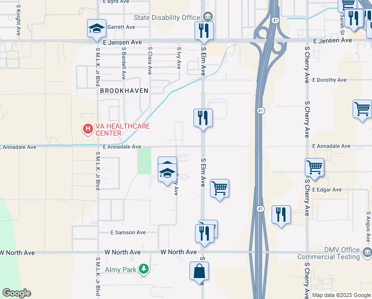 map of restaurants, bars, coffee shops, grocery stores, and more near 2810 South Elm Avenue in Fresno
