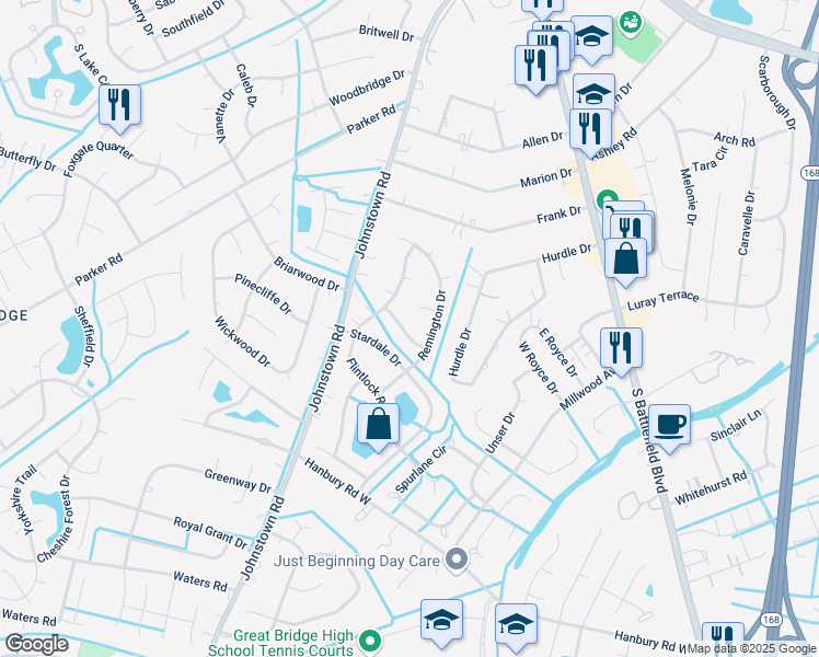 map of restaurants, bars, coffee shops, grocery stores, and more near 308 Franconia Drive in Chesapeake