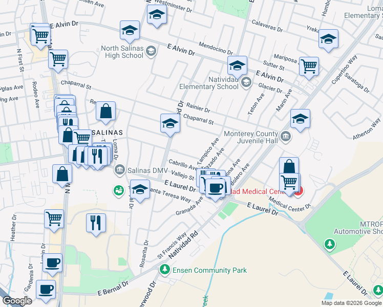 map of restaurants, bars, coffee shops, grocery stores, and more near 464 Elwood Street in Salinas