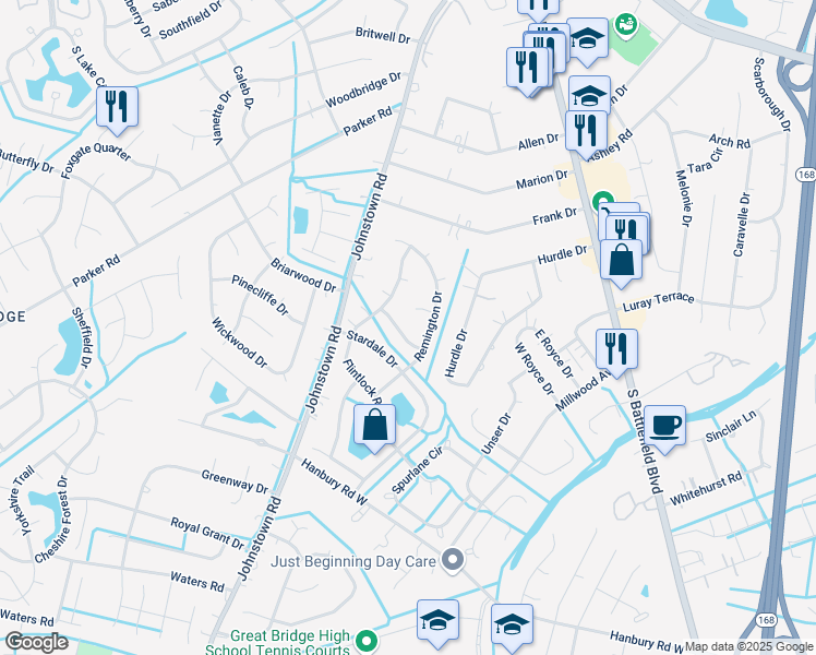 map of restaurants, bars, coffee shops, grocery stores, and more near 308 Franconia Drive in Chesapeake