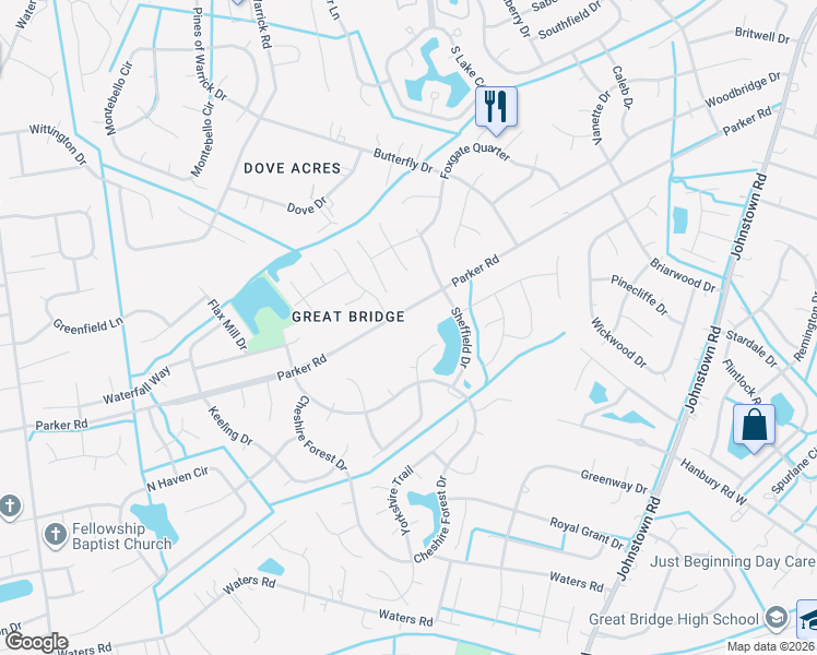 map of restaurants, bars, coffee shops, grocery stores, and more near 406 Dorchester Court in Chesapeake