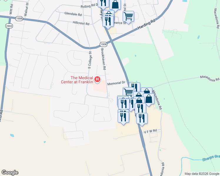 map of restaurants, bars, coffee shops, grocery stores, and more near 1118 Brookhaven Road in Franklin