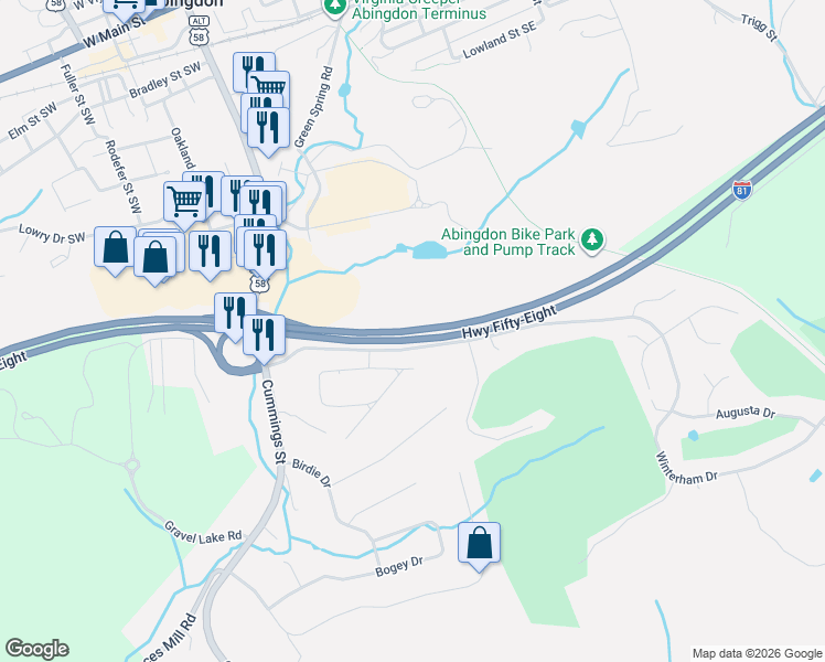 map of restaurants, bars, coffee shops, grocery stores, and more near Interstate 81 in Abingdon