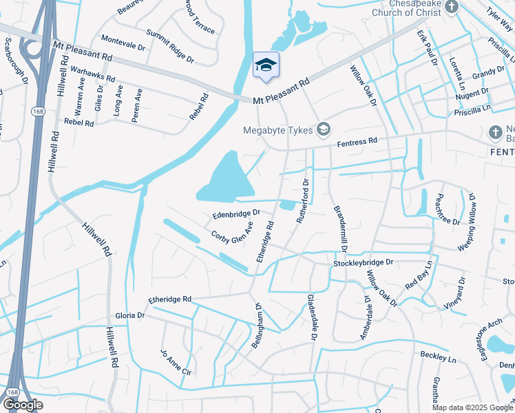 map of restaurants, bars, coffee shops, grocery stores, and more near 744 Edenbridge Drive in Chesapeake