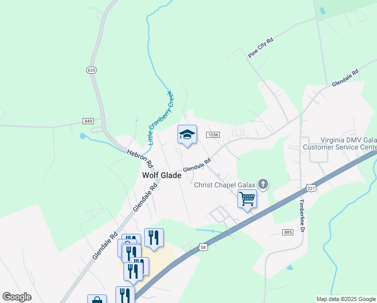 map of restaurants, bars, coffee shops, grocery stores, and more near 3117 Glendale Road in Galax