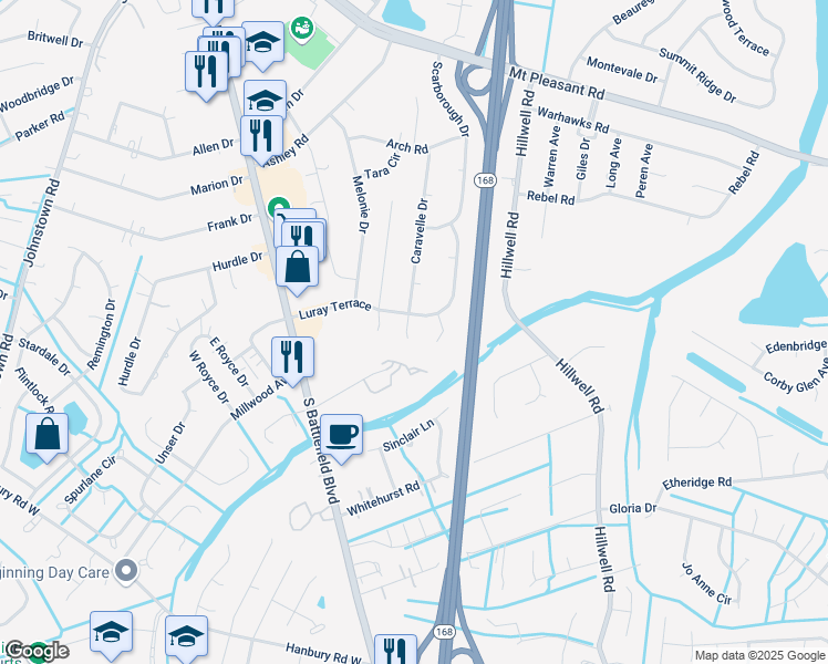map of restaurants, bars, coffee shops, grocery stores, and more near 705 Caravelle Drive in Chesapeake