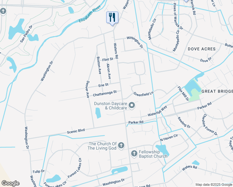map of restaurants, bars, coffee shops, grocery stores, and more near 916 Chattanooga Street in Chesapeake