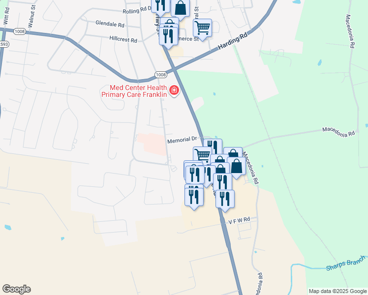 map of restaurants, bars, coffee shops, grocery stores, and more near 119 Memorial Drive in Franklin