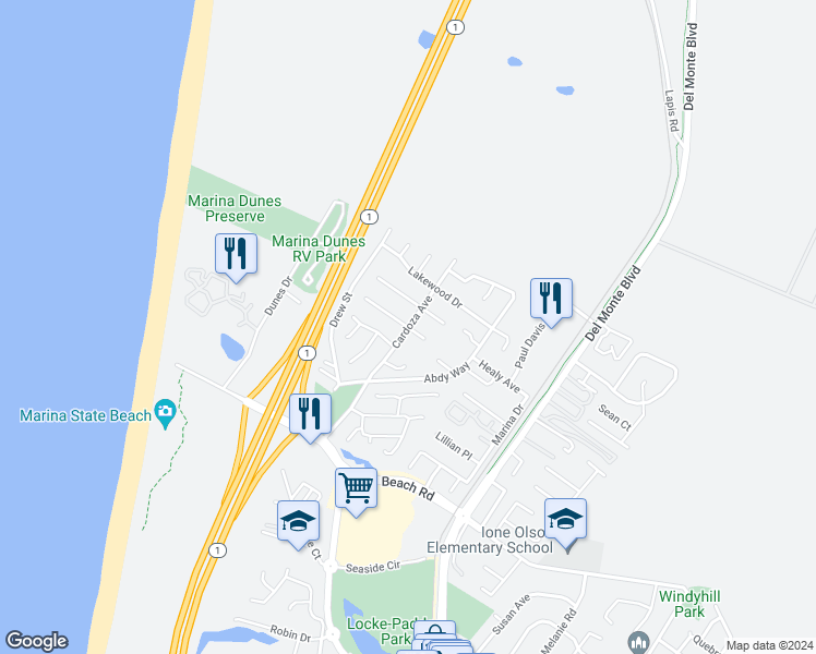 map of restaurants, bars, coffee shops, grocery stores, and more near Peppertree Place in Marina
