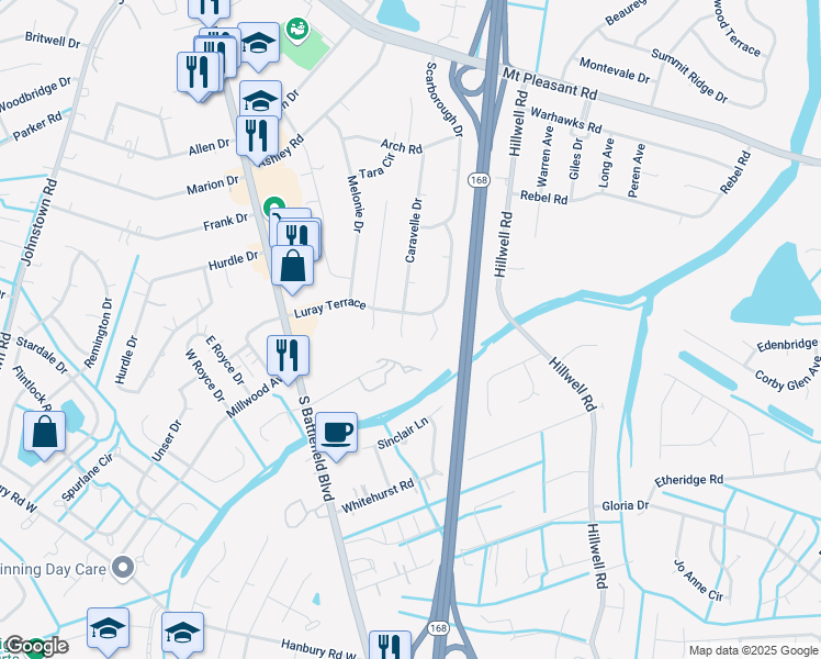 map of restaurants, bars, coffee shops, grocery stores, and more near 705 Caravelle Drive in Chesapeake