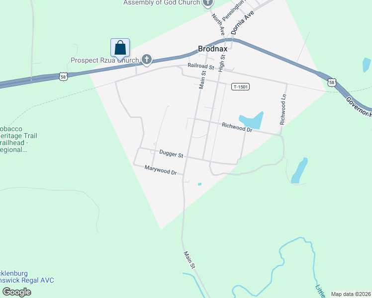 map of restaurants, bars, coffee shops, grocery stores, and more near 50-98 Dugger Street in Brodnax