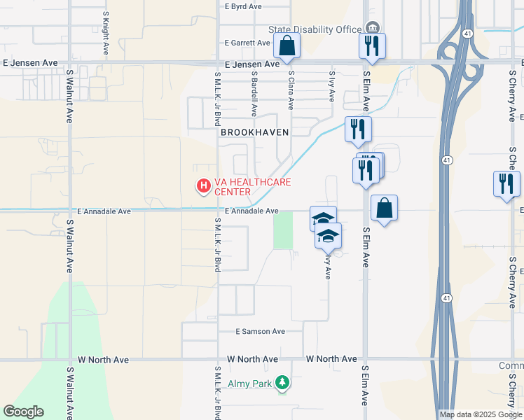 map of restaurants, bars, coffee shops, grocery stores, and more near 2821 South Bardell Avenue in Fresno