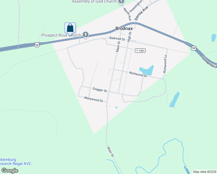 map of restaurants, bars, coffee shops, grocery stores, and more near 50-98 Dugger Street in Brodnax