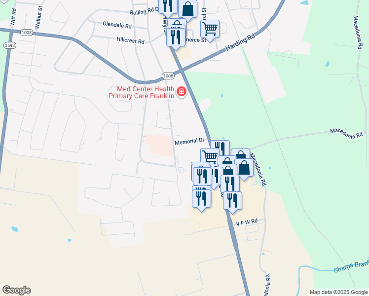 map of restaurants, bars, coffee shops, grocery stores, and more near 119 Memorial Drive in Franklin