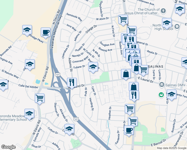 map of restaurants, bars, coffee shops, grocery stores, and more near 521 Rochex Avenue in Salinas