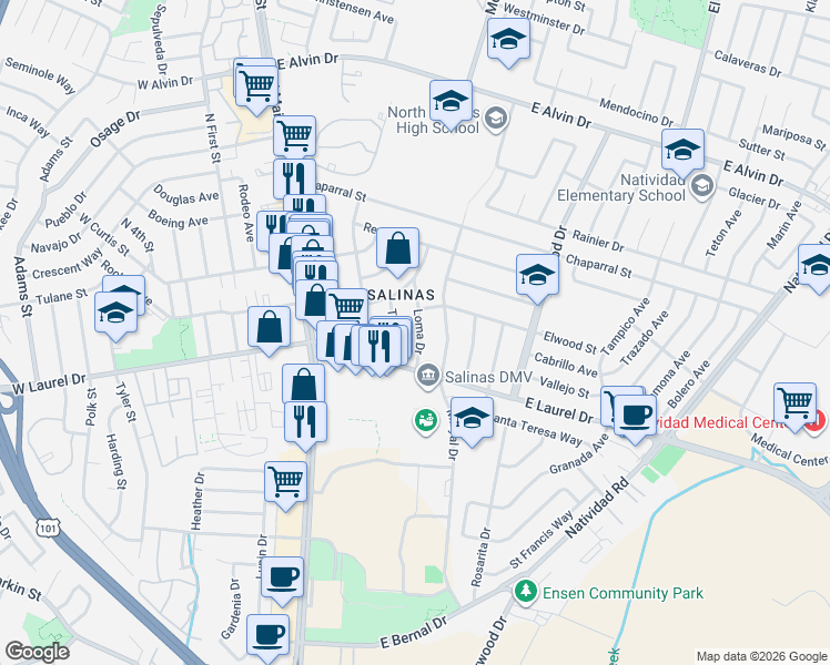 map of restaurants, bars, coffee shops, grocery stores, and more near 225 Loma Drive in Salinas