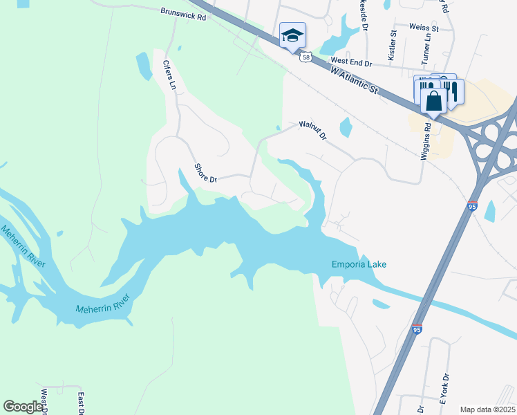 map of restaurants, bars, coffee shops, grocery stores, and more near Walker Mill Trail in Emporia