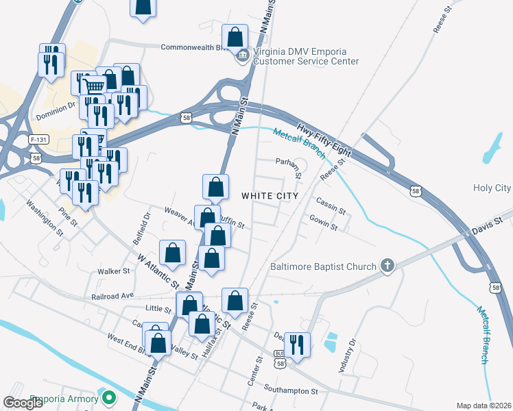 map of restaurants, bars, coffee shops, grocery stores, and more near 201-231 Turner Street in Emporia