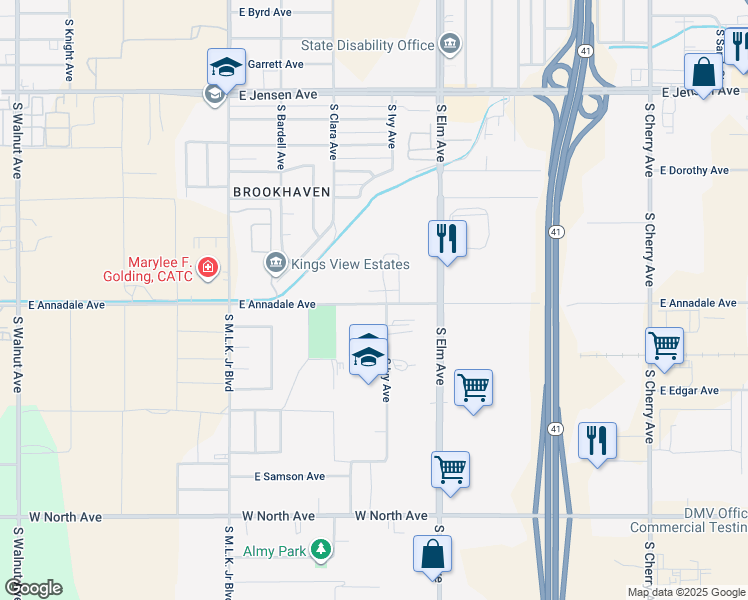 map of restaurants, bars, coffee shops, grocery stores, and more near 1510 East Annadale Avenue in Fresno
